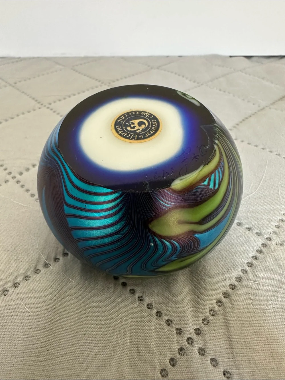 Vintage Orient & Flume Glass Blue & White Flower Iridescent Paperweight-1977